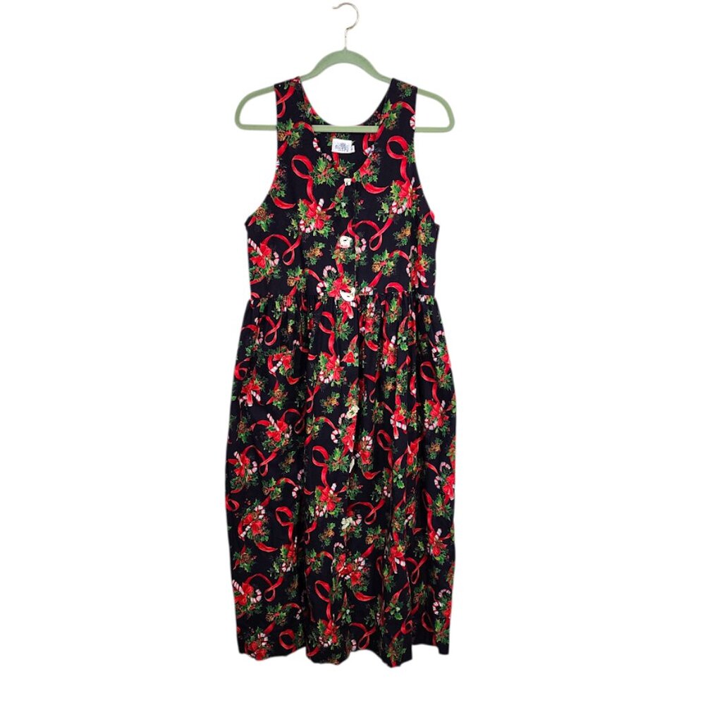 DOGWOOD‎ LANE Holly Candy Cane Christmas Jumper Dress Pockets Ceramic Buttons M